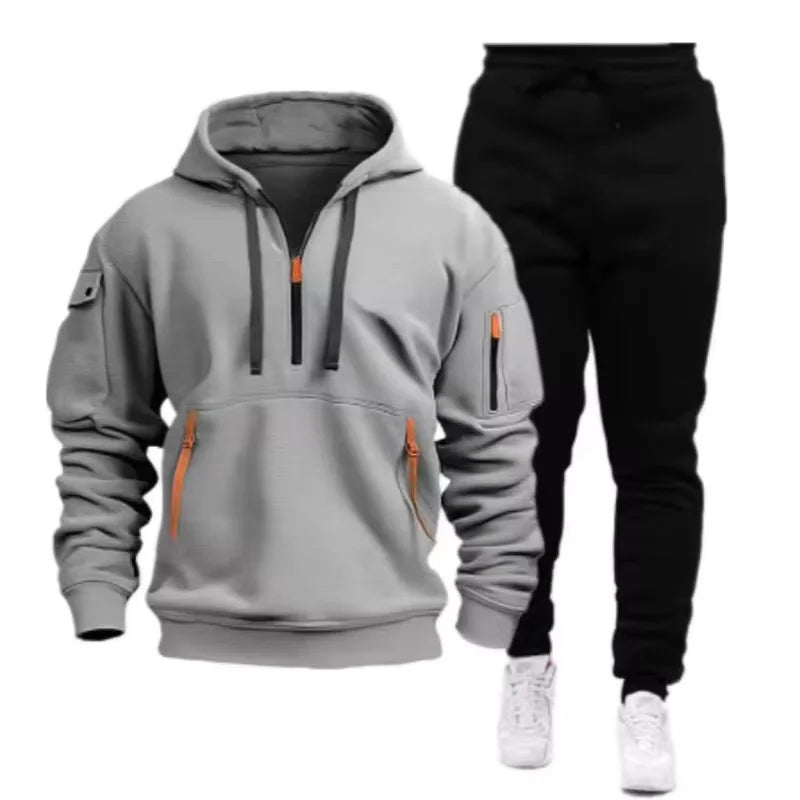 Men's Multi-Pocket Hoodie & Jogger Pants Set – 2-Piece Fitness Tracksuit