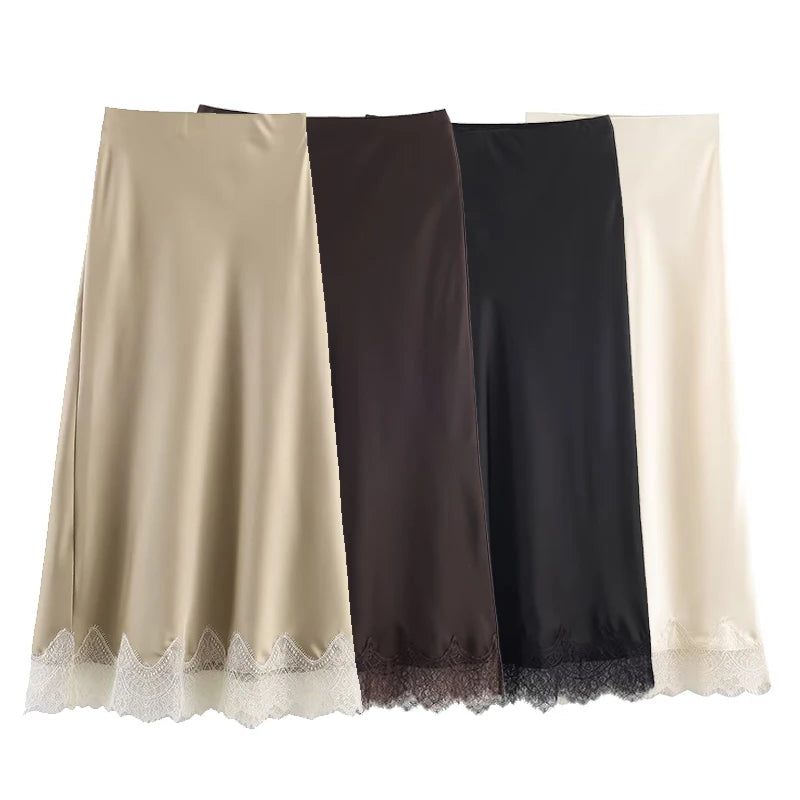 Women's Lace Side Hem Pleated A-Line Midi Skirt – Vintage High Waist Chic Skirt