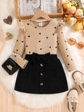 Girls Heart Print Long Sleeve Top & Bow Skirt Set – Elegant 2-Piece Outfit