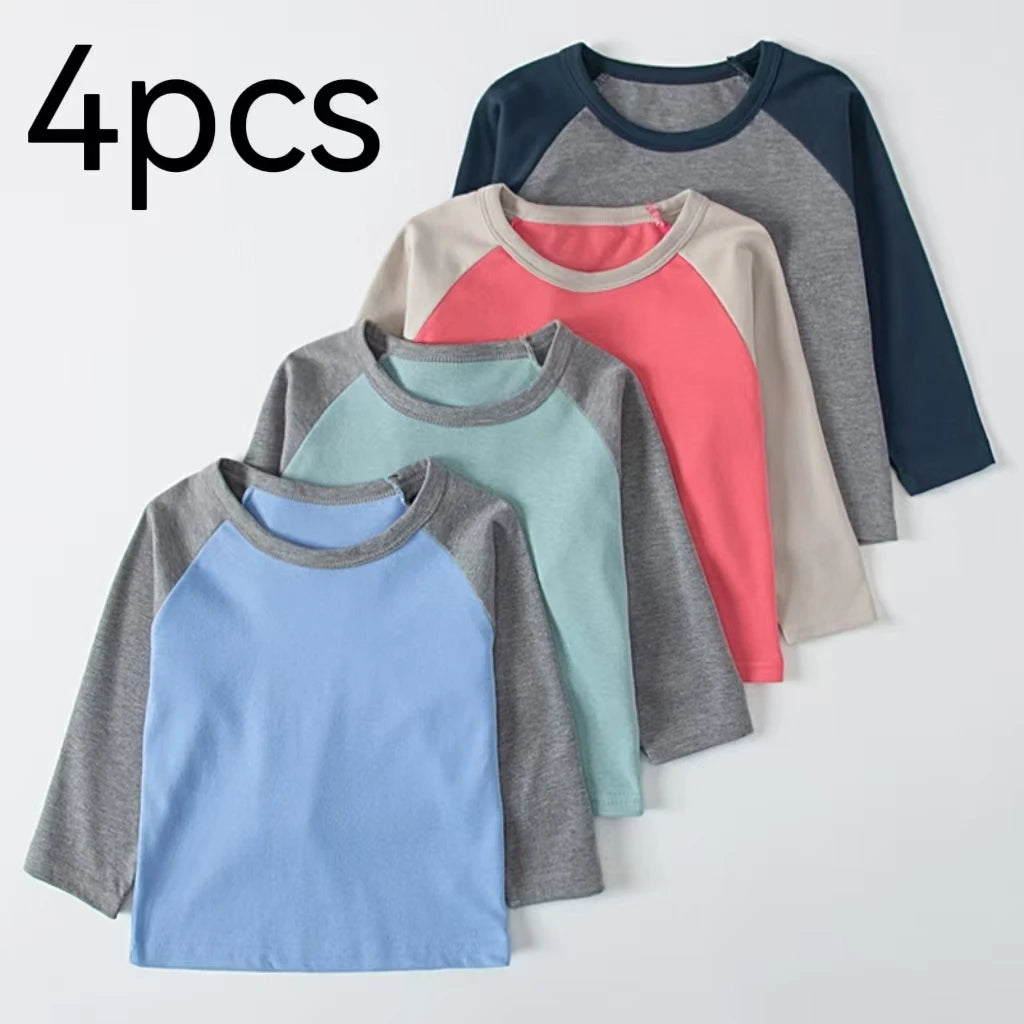 Kids Color Matching Long Sleeve T-Shirt – Casual Versatile Cotton Top (1–4 Pack)