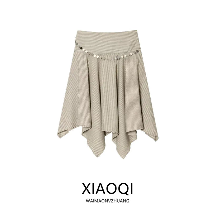 Summer 2025 New Asymmetric Midi Skirt Women's Faion Stripe Belt f-length Skirts Casual Sle mid Waist Design Loose Fit