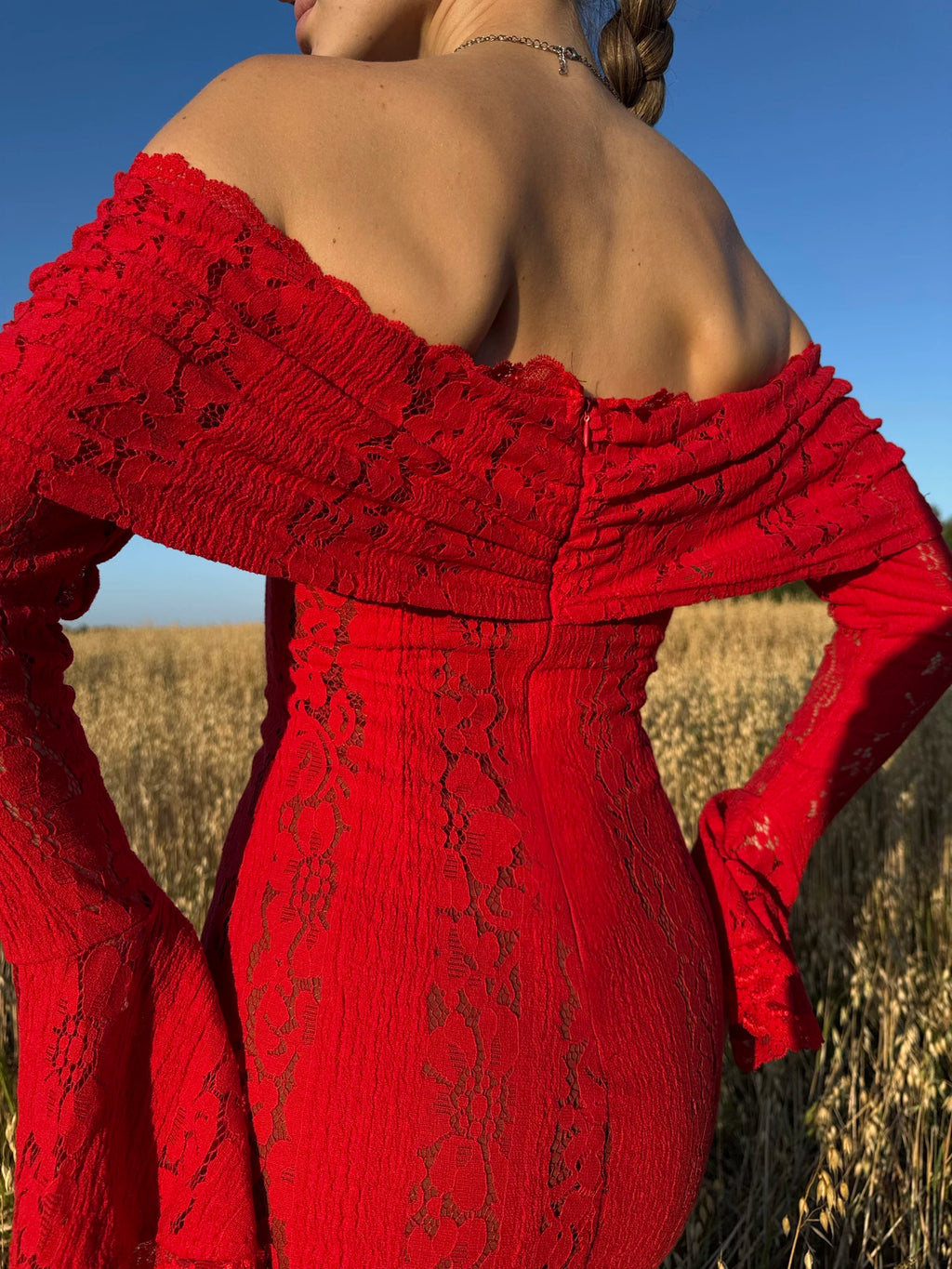Suninheart White Maxi Wedding Guest Dress Women 2025 Elegant Off The Shoulder evening party dresses red lace flare sleeve dress