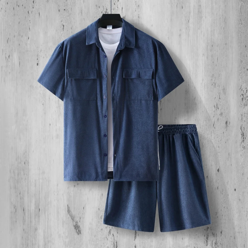 2025Summer street wear two-piece retro solid color corduroy shirt and shorts set men's fashionable and steady short sleeved set