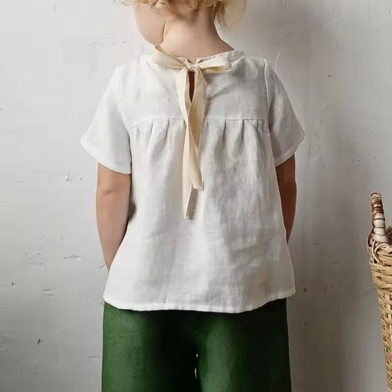 Girls Back Bow Tie Linen Long Sleeve Blouse – Solid Casual Loose Autumn Top