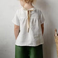 Girls Back Bow Tie Linen Long Sleeve Blouse – Solid Casual Loose Autumn Top