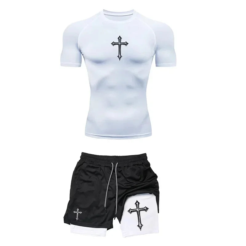 Fashionable printed breathable compression sportswear men's training two-piece set tight T-shirt shorts gym workout set