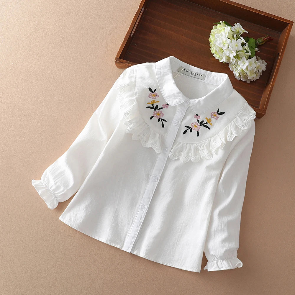 Girls Embroidery White Long Sleeve Blouse – 100% Cotton School Shirt Ages 8–12
