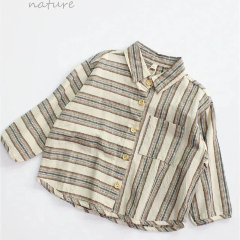 Boys Retro Striped Cotton Linen Long Sleeve Shirt – Korean Literary Button Top