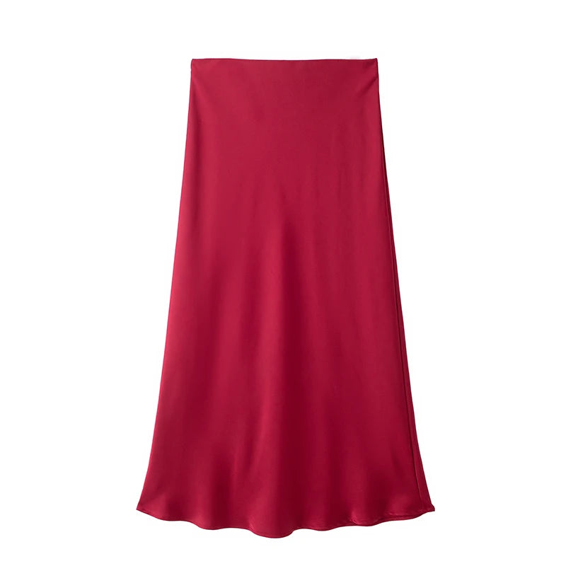 Women's Black Satin High Waist Midi Skirt – Elegant Office Summer Skirt