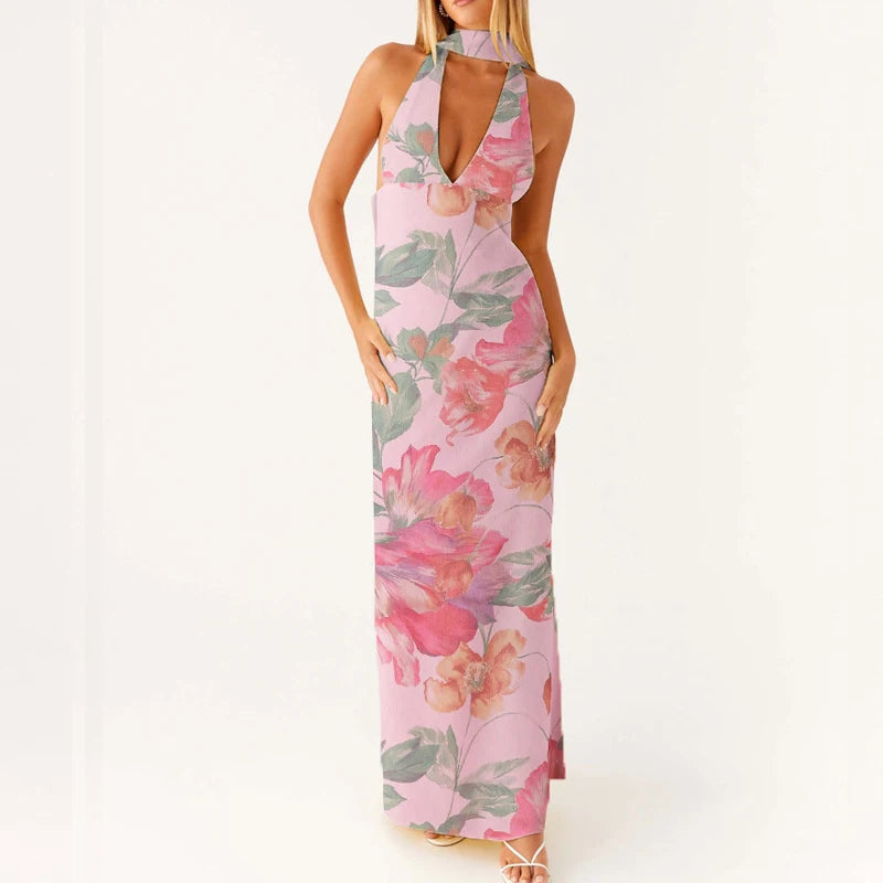 Maemukilabe Sexy Sleeveless Low Cut Print Maxi Dress Boho Halter Neck Slim Fit Flowy Long Dress Backless Floral Summer Beachwear