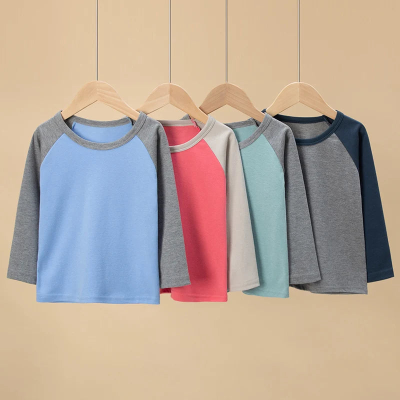 Kids Color Matching Long Sleeve T-Shirt – Casual Versatile Cotton Top (1–4 Pack)