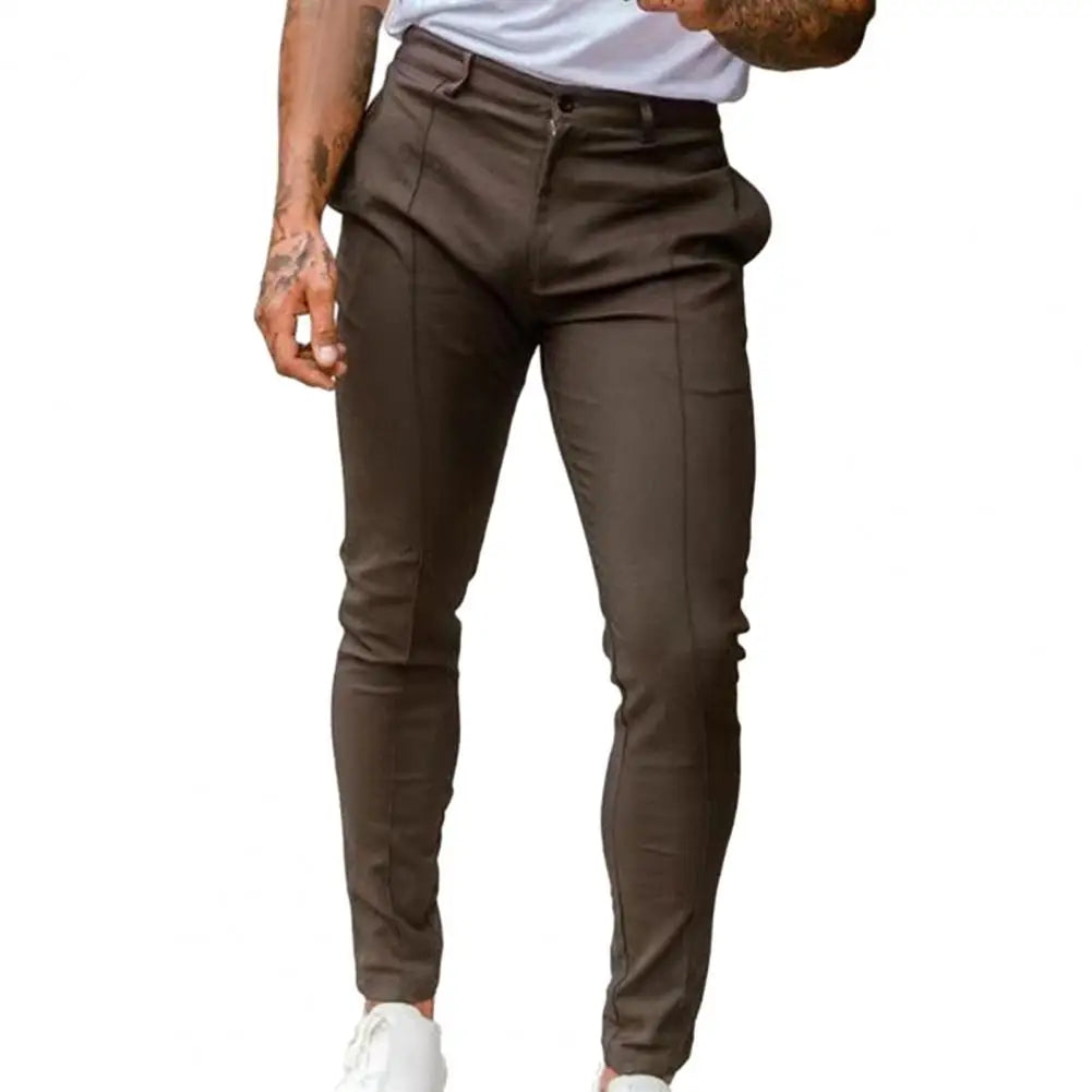 Men Pants Stylish Men's Slim Fit Business Trousers Breathable Soft Thin Fabric with Ankle Length Slant Pockets Button-zipper