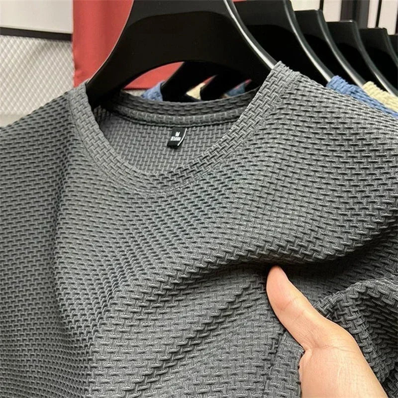 Summer Men's Round Neck Short Sleeved T-shirt M-5XL Oversize Wrinkle Resistant Breathable Top Texture Fabric Versatile Tees