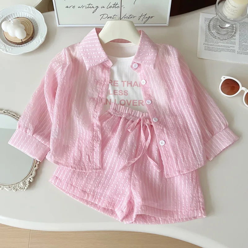 Girls Korean Version of the Three-Piece T-Shirt Short-Sleeved Summer New Undershirt Fashion Children's Sunscreen Clothing Shorts