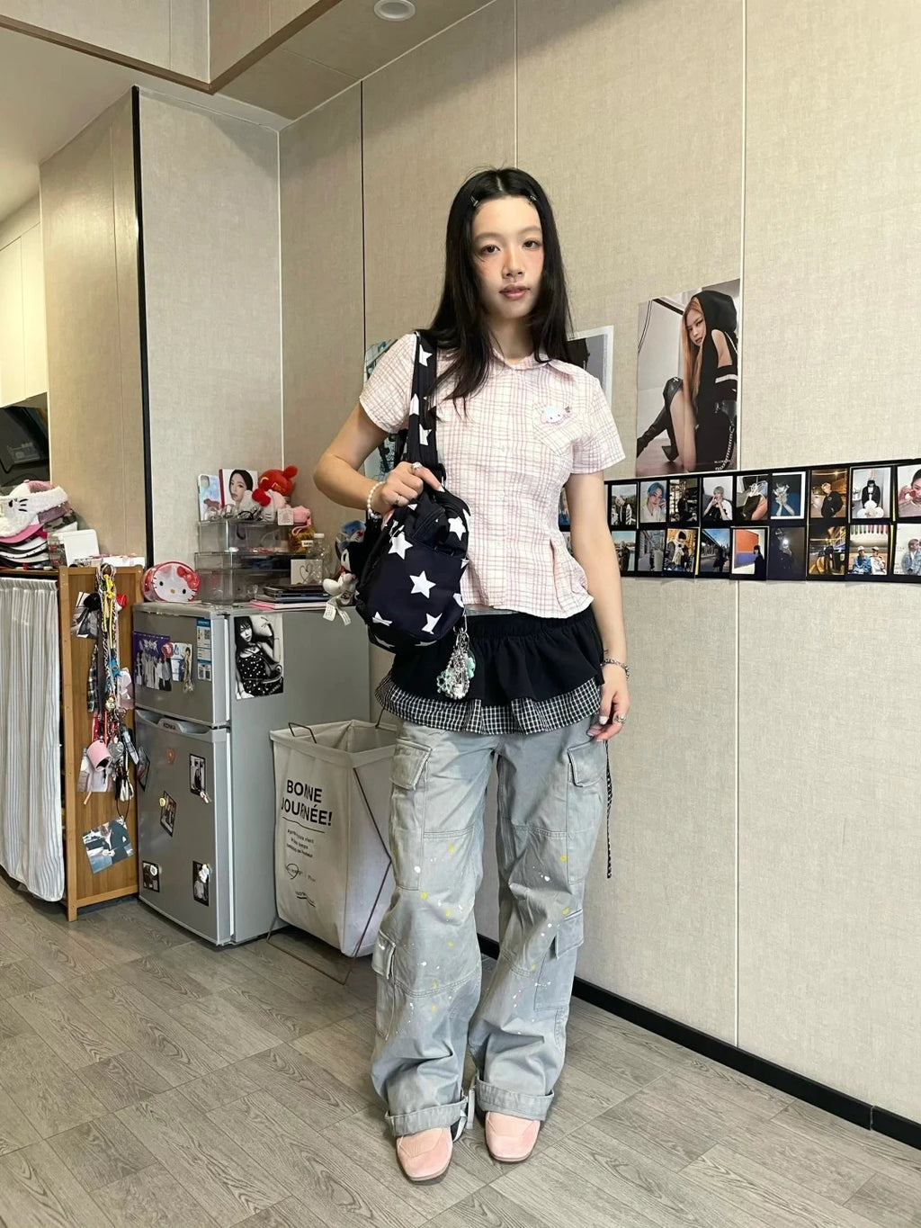 Genayooa Y2k Japanese Plaid Shirt Women Short Sleeve Pocket Slim 2000s Aesthetic Crop Tops Summer Vintage Blouse And Shirt Retro