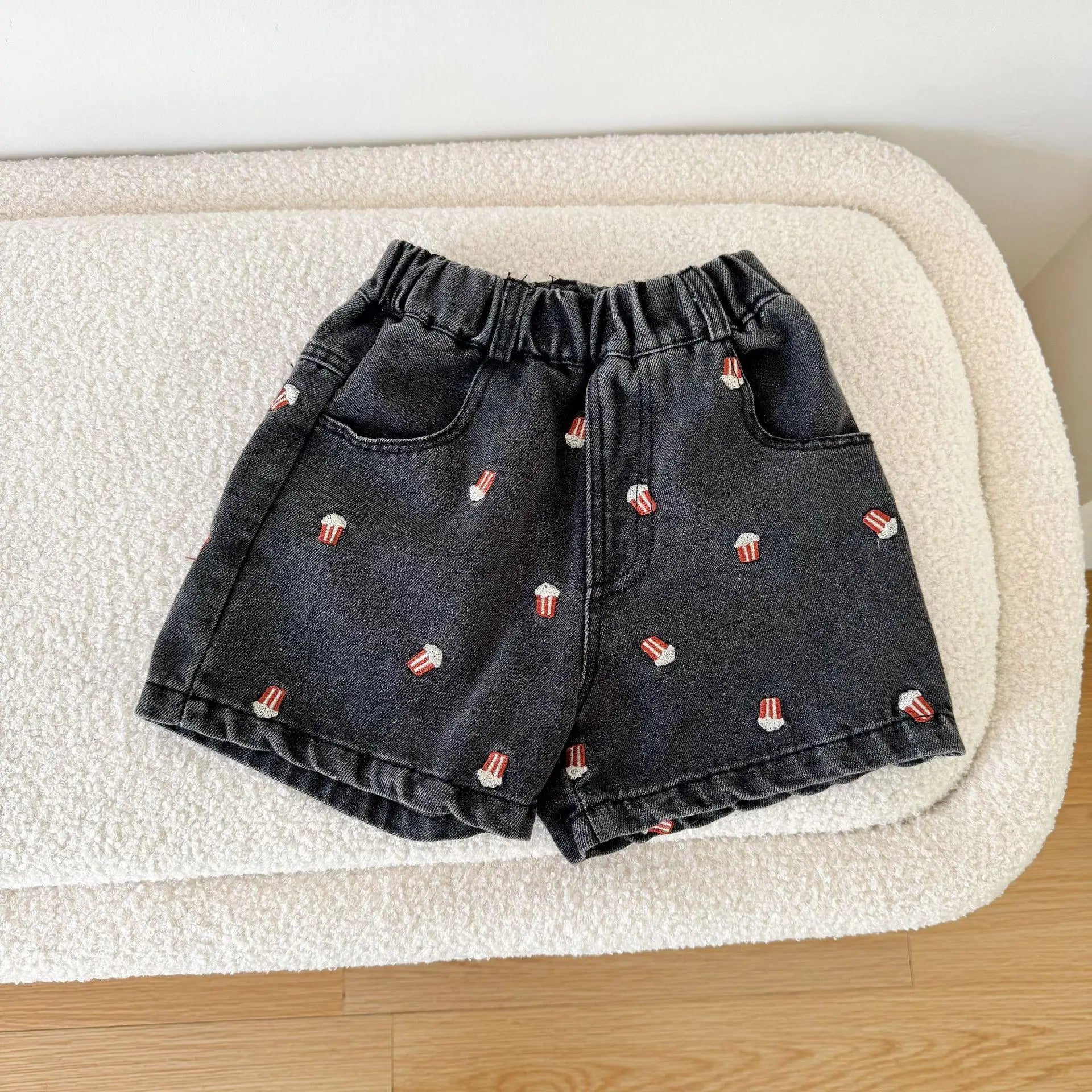 2025 Summer Kids Denim Shorts Children Boys Girls Popcorn Embroidery Short Pants Casual Knee Length Jeans Shorts
