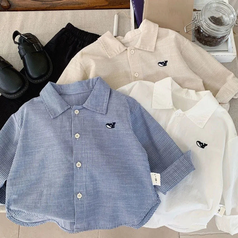 Boys Fish Embroidery Striped Cardigan Shirt – Cotton Turn-Down Collar Ages 2–7
