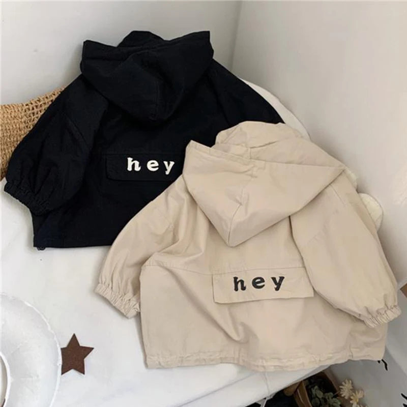 Boys Hooded Letter Windbreaker Jacket – Fashion Long Sleeve Zipper Coat Ages 2–7