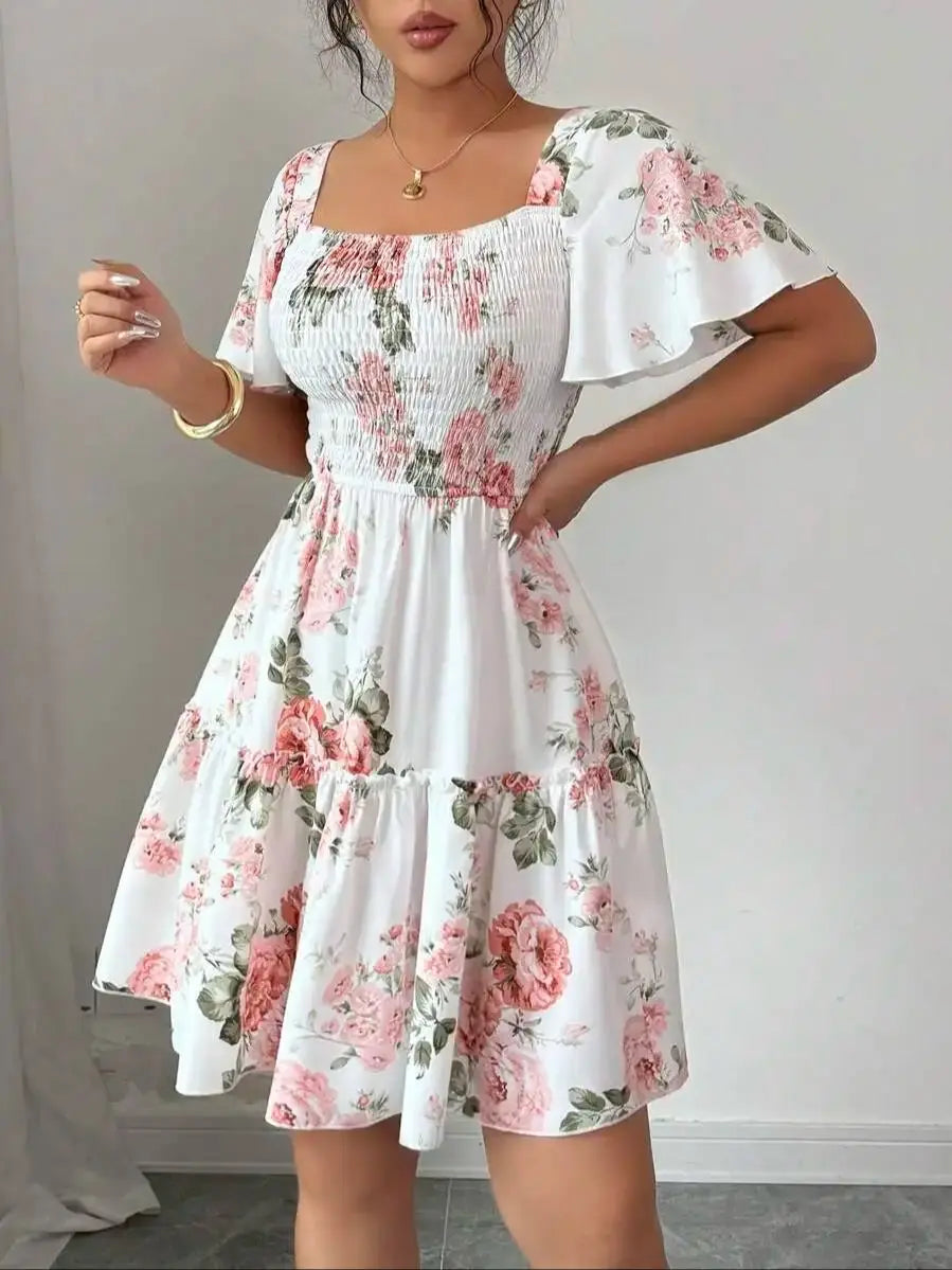 Women's Floral Print Ruffle Hem Short Sleeve Casual Dress – Vacation Evening Style