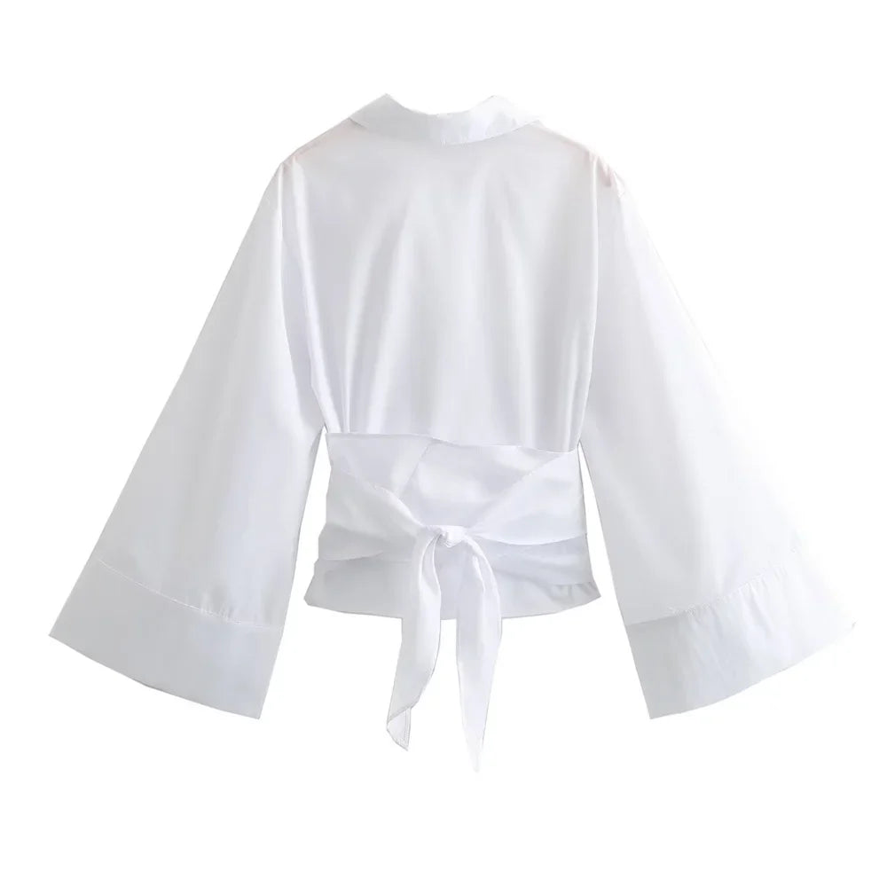 Women's Polo Neck Bow Tie Double-Breasted Poplin Shirt – Fashion Casual Short Top