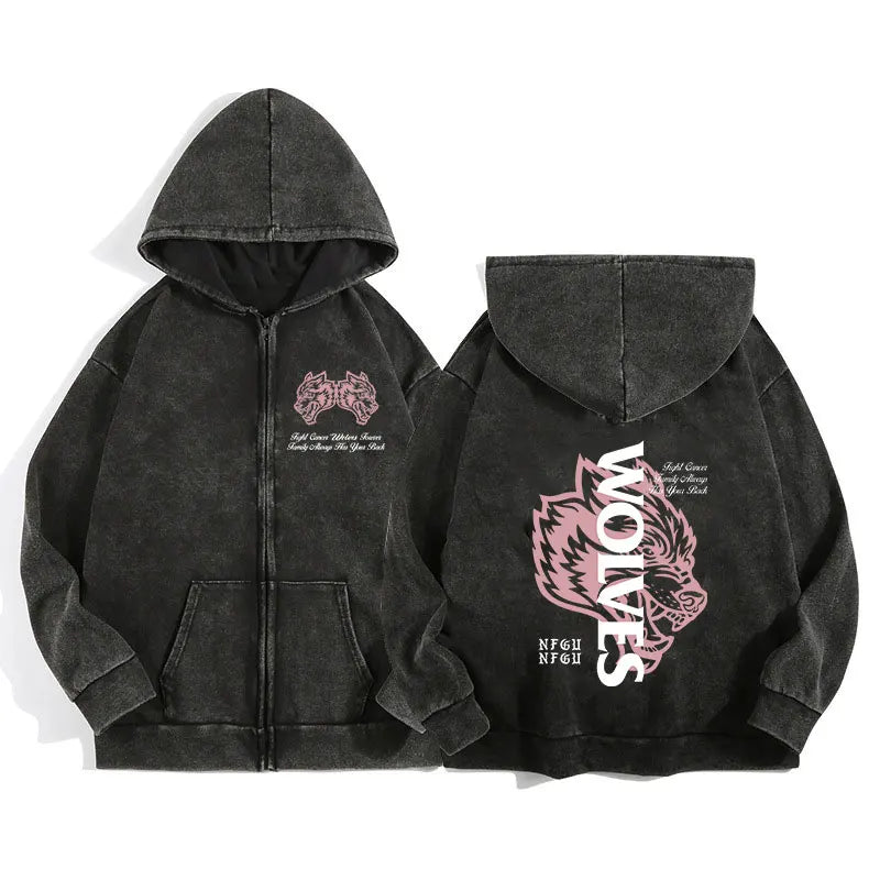 Darc Wolves Gothic Harajuku Zip Hoodie Jacket – Cotton Print Manga Sweatshirt