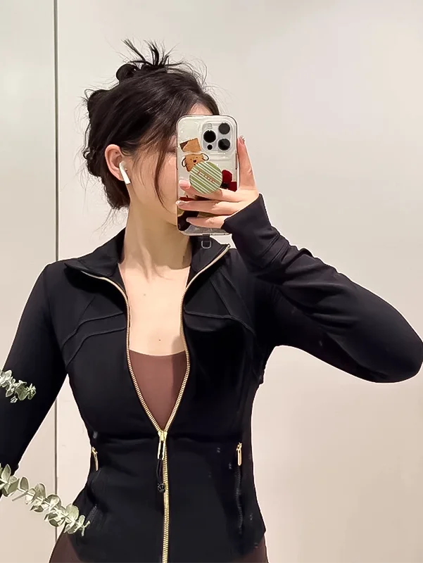 Women's Stand Collar Jacket Gym Workout Long Sleeve Top, Casual Sporty Style, Perfect for Fitness & Training