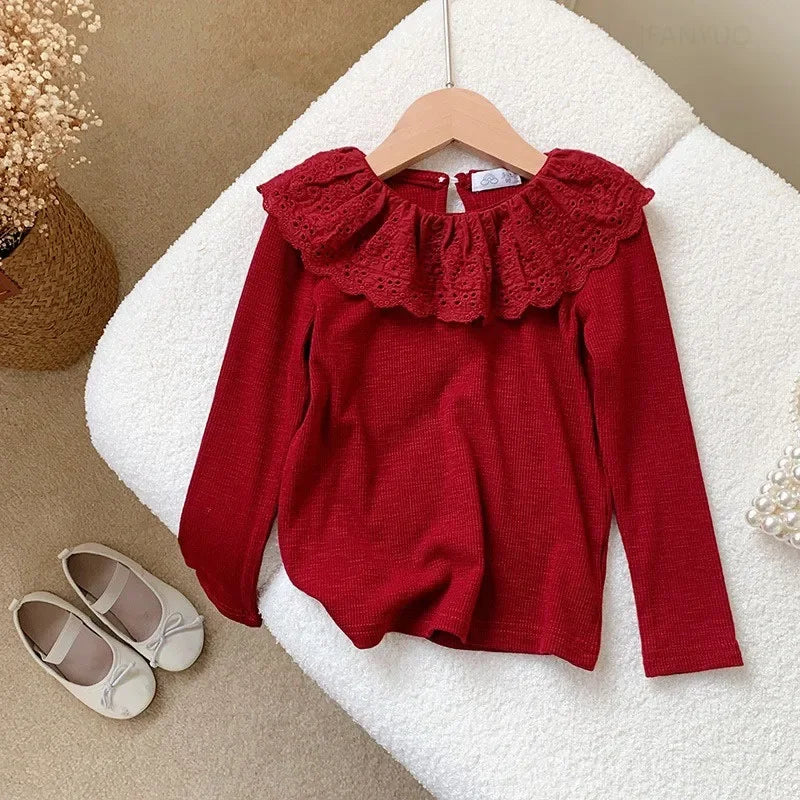 Girls Lace Doll Collar Ruffle Long Sleeve Shirt – Princess Fashion Top Ages 1–10
