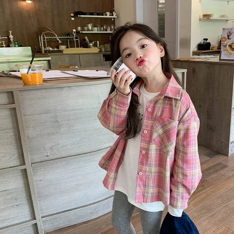 Girls Pink Plaid Long Sleeve Shirt Coat – Korean Style Sweet Outerwear