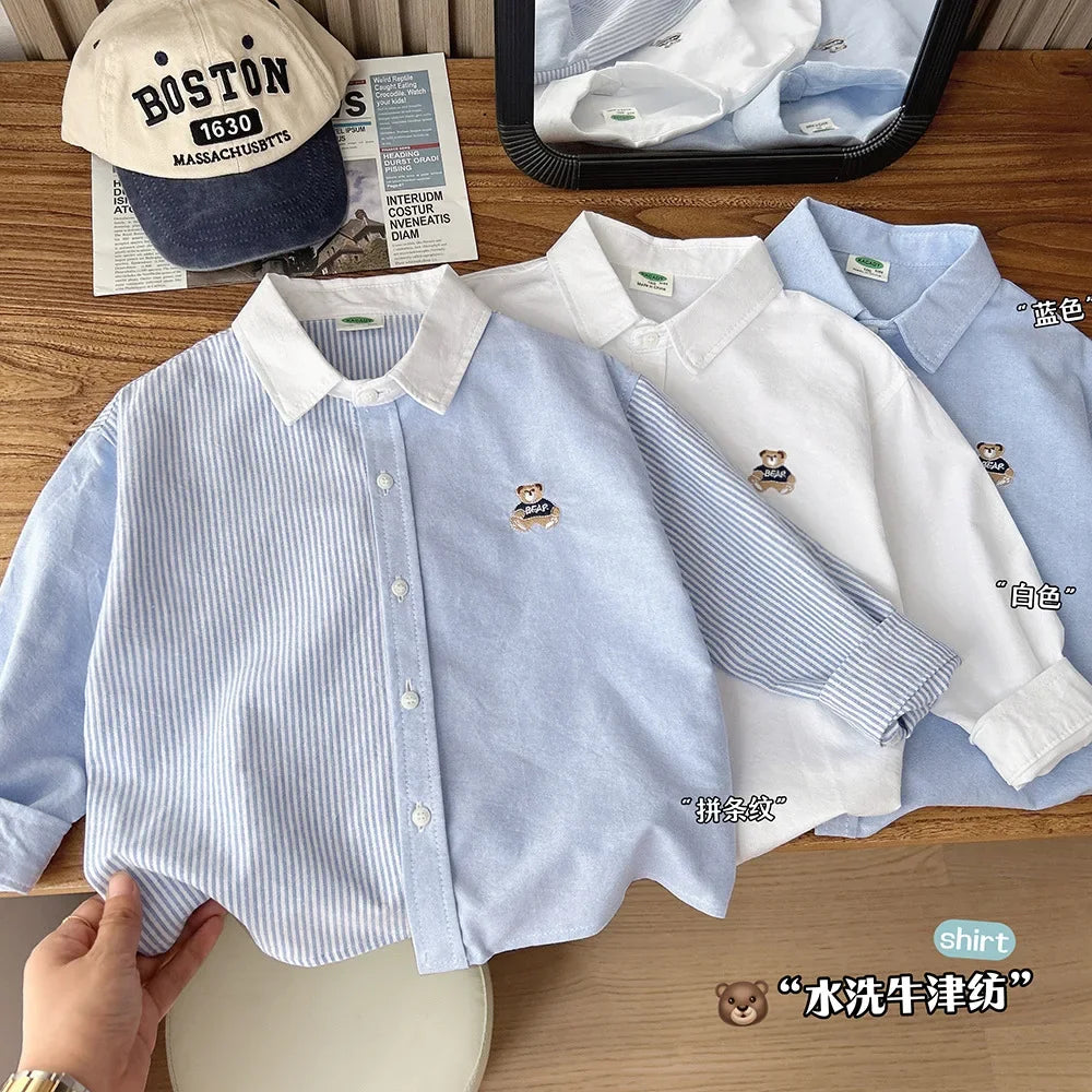 Boys Cute Bear Embroidery Striped Long Sleeve Blouse – Cotton Top 100–150cm