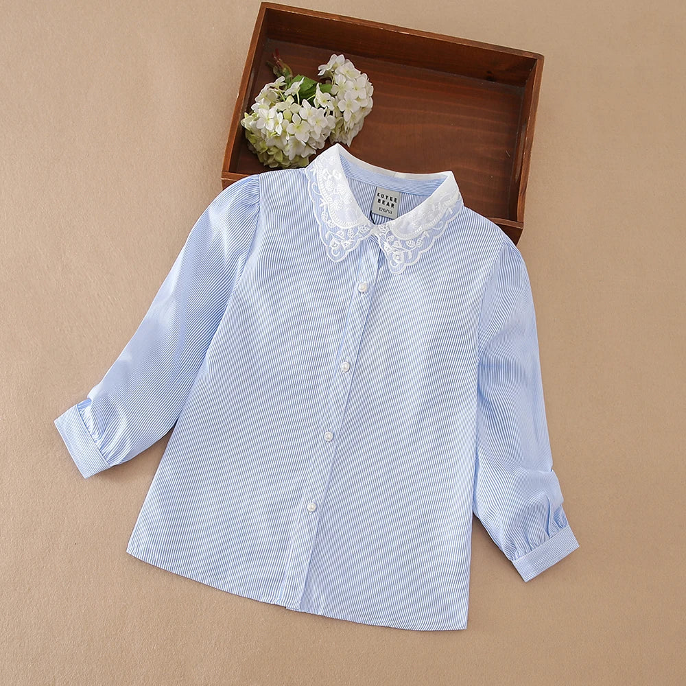 Girls Blue Striped Lace Collar Long Sleeve Shirt – 100% Cotton Blouse Ages 5–12