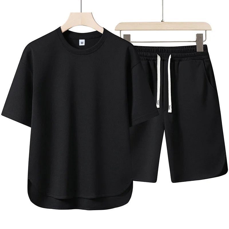 2025 Summer New Men Suit Round Neck Short Sleeve T-shirt+shorts Two Piece Set Loose Outdoor Sports Casual Solid Color Tracksuit