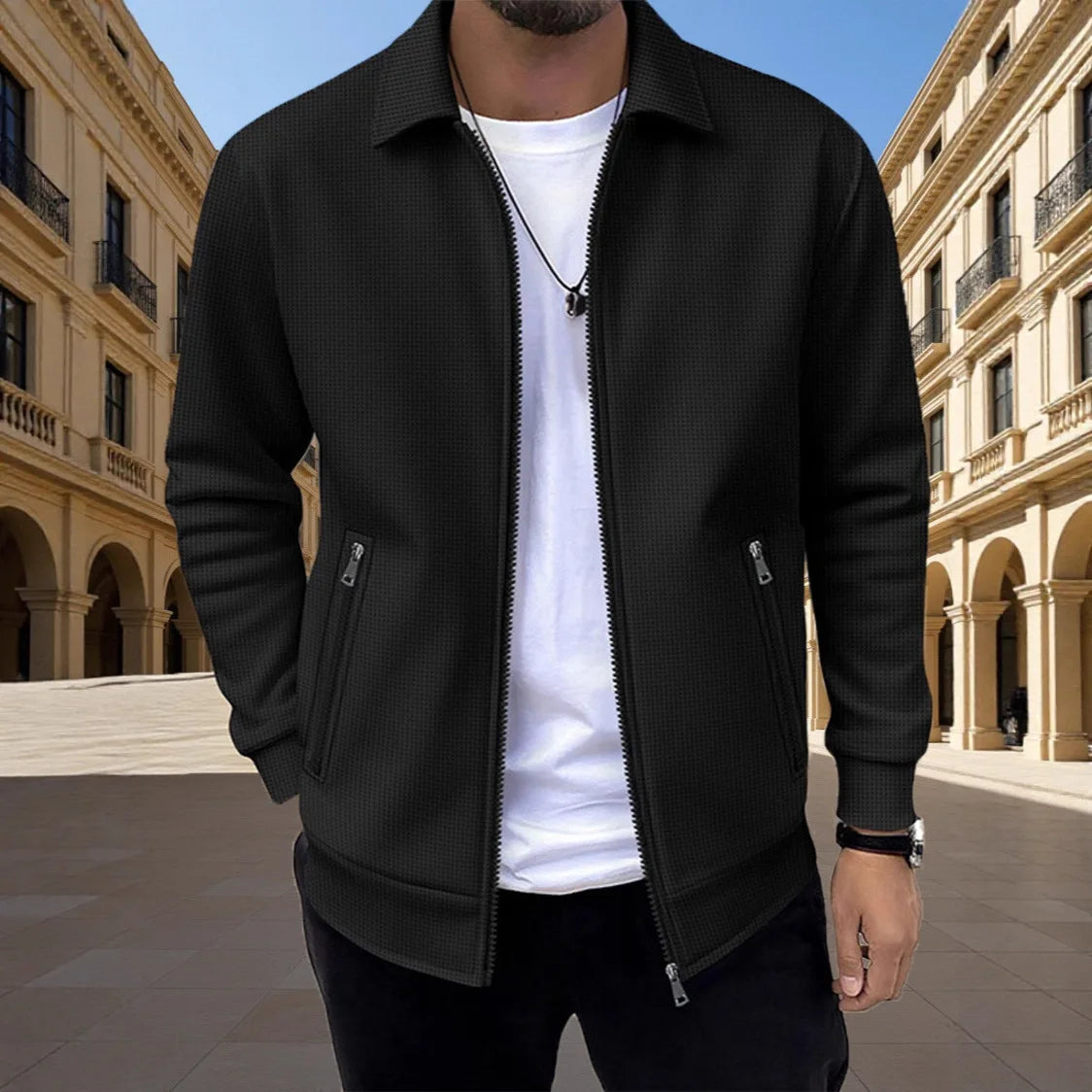 Men's Slim Waffle Texture Zipper Cardigan – Casual Spring Autumn Fashion Top