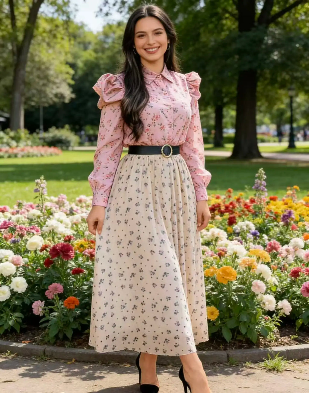 Plus Size Women's Fashion Casual Elastic Waist Mesh Small Floral Straight Skirt Loose Breathable Commuter Skirt (Belt Not Included)hable Commuter Skirt