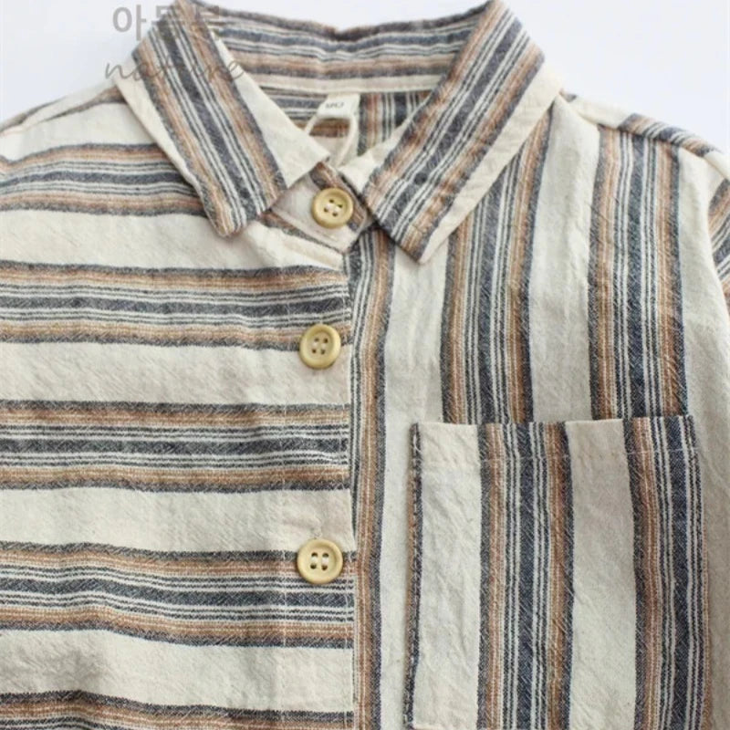 Boys Retro Striped Cotton Linen Long Sleeve Shirt – Korean Literary Button Top