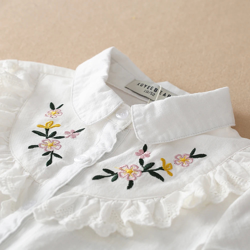 Girls Embroidery White Long Sleeve Blouse – 100% Cotton School Shirt Ages 8–12