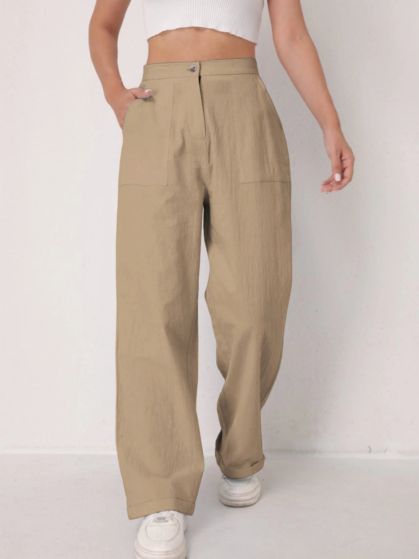 Women's Elegant Linen Wide Leg Slimming Pants – High Waist Drapey Casual Summer Trousers