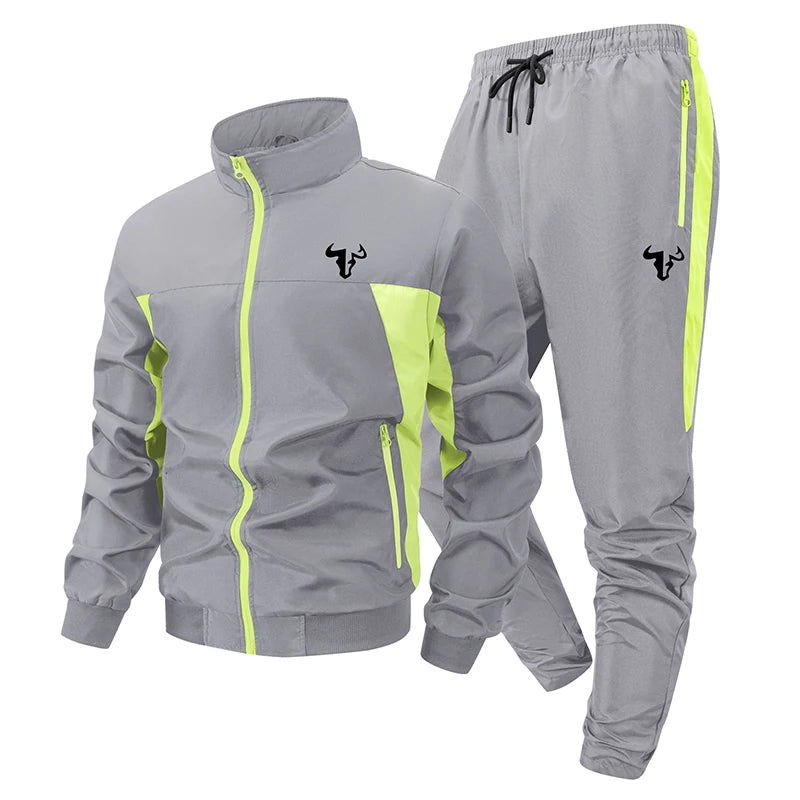 Bull Print Colorblock Sports Set for Men Outdoor Stand Collar Zip Up Jacket Coat Outwear Tops Pants Trousers with Zipper Pockets