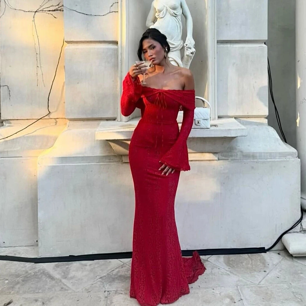 Suninheart White Maxi Wedding Guest Dress Women 2025 Elegant Off The Shoulder evening party dresses red lace flare sleeve dress