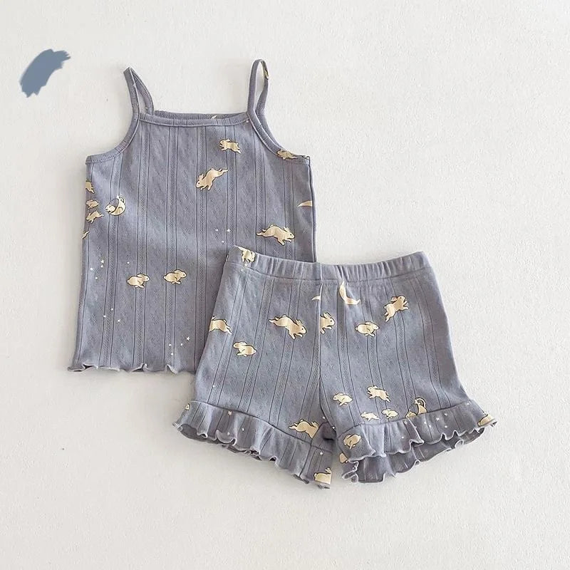 Fashion Baby Girl Cotton Floral Print Clothes Set Strap Vest+Shorts 2PCS Infant Toddler Child Summer Homesuit Baby Clothes 1-10Y