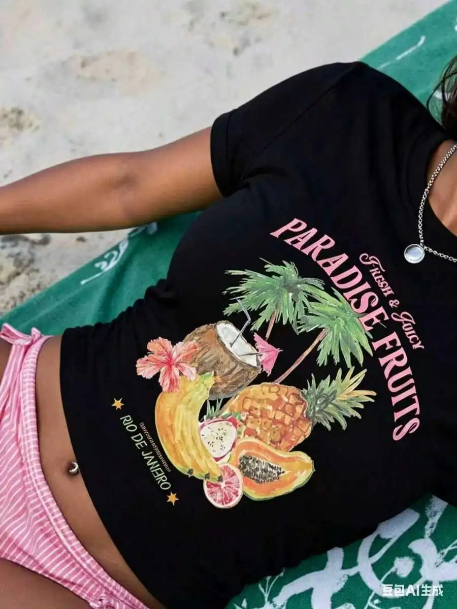 Sundraya Women Fruit & Coconut Print Fitted Short T-Shirt, Cream-Colored Summer Beach Vacation Ladies Top