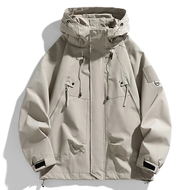 Men's Hooded Cargo Waterproof Bomber Jacket – Black Loose Softshell Hiking Coat