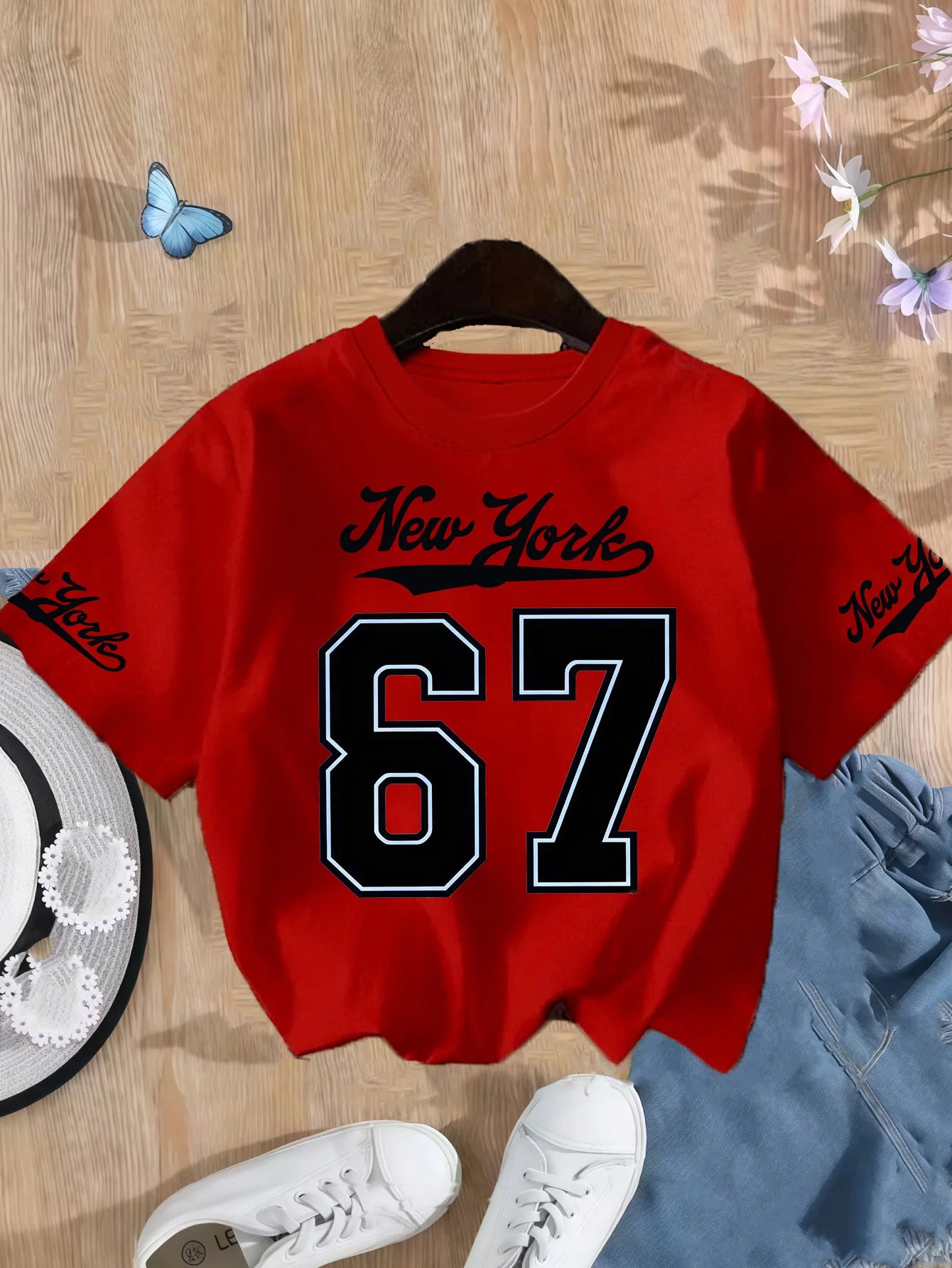 Girls New York Number 67 Print T-Shirt – Pink Cotton Short Sleeve Top