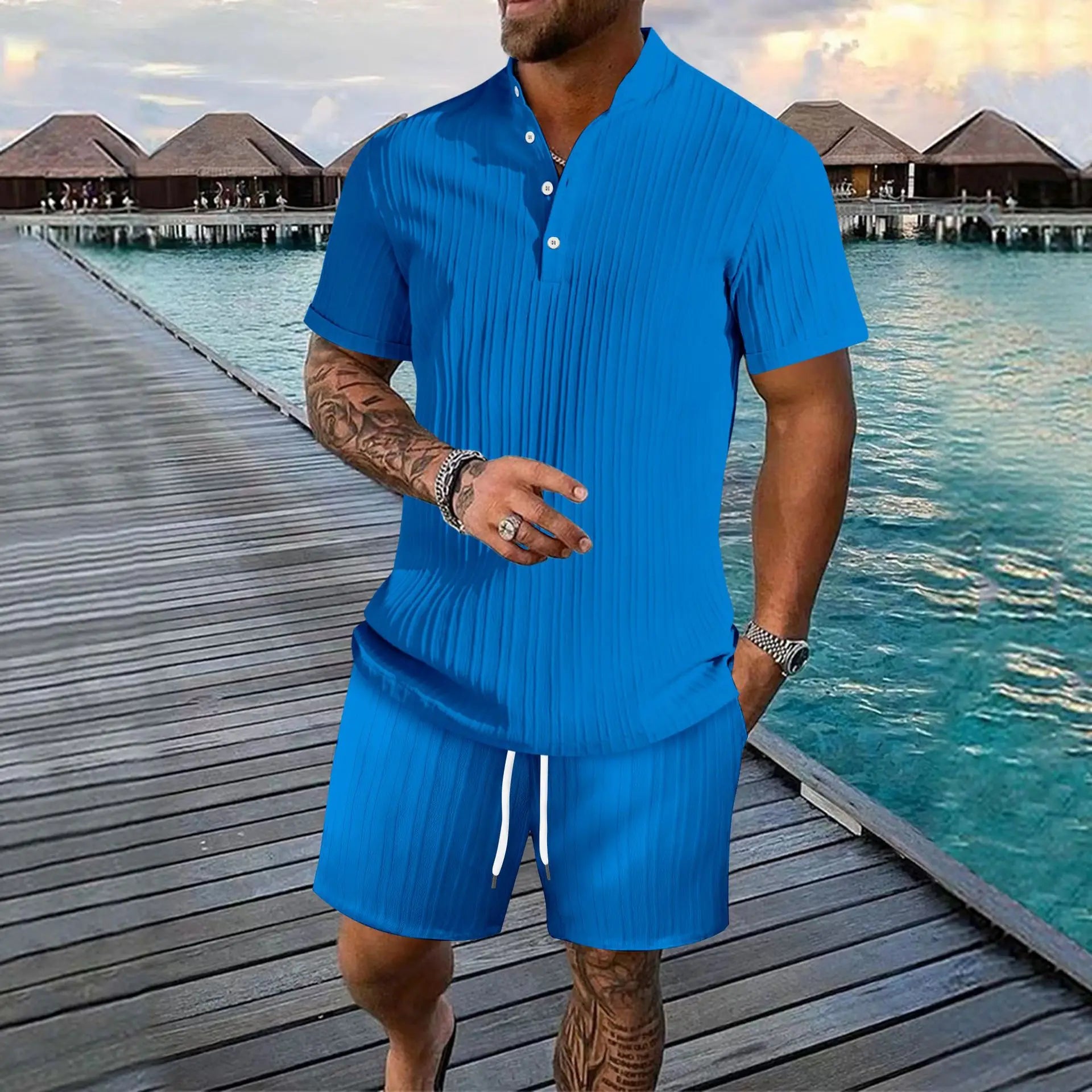Men's Ice Silk Ultra-Thin Ultra-Light Short Sleeve Polo Casual Monochromatic Sport Set for Beach Surfing Summer 2026