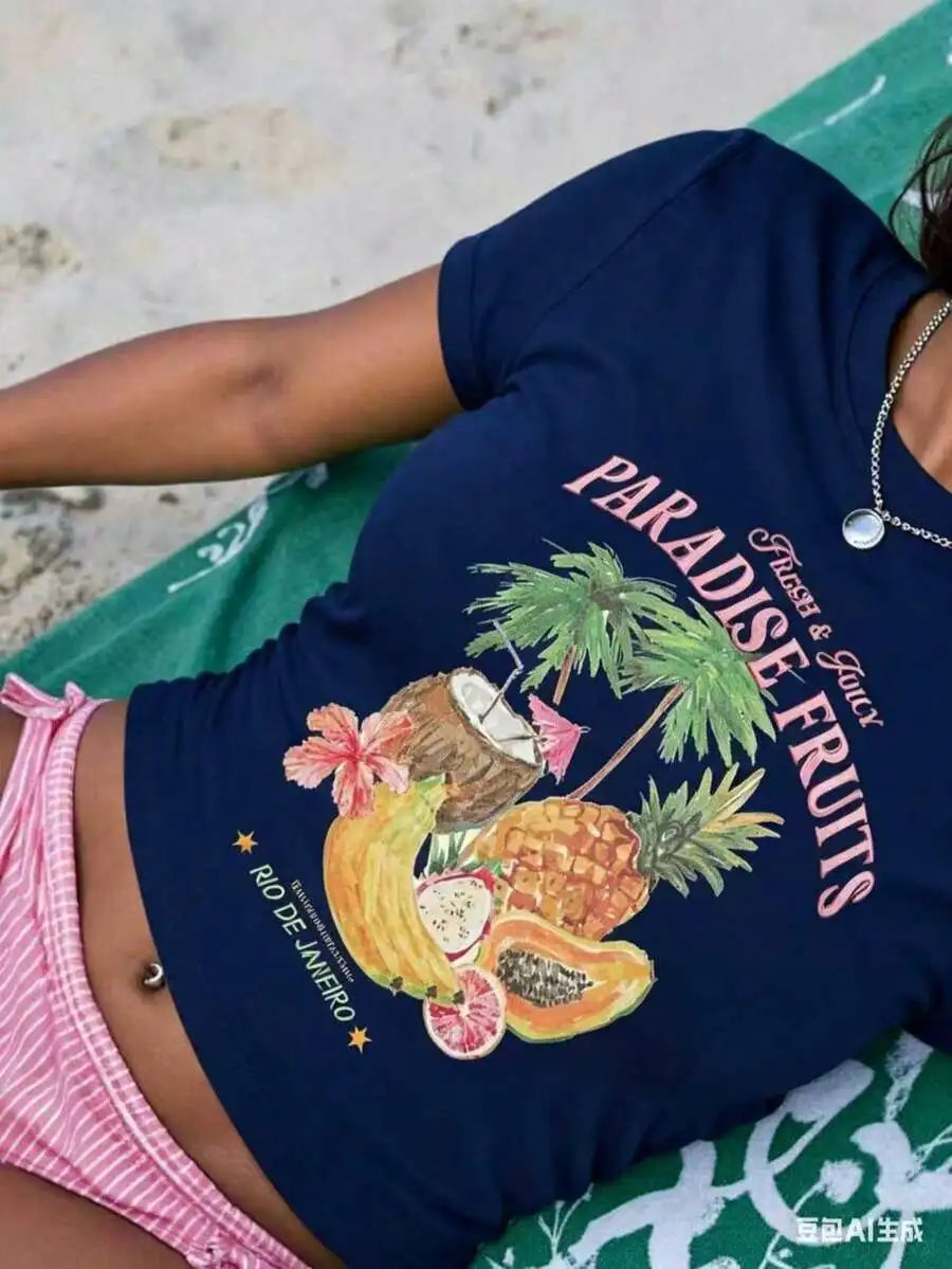 Sundraya Women Fruit & Coconut Print Fitted Short T-Shirt, Cream-Colored Summer Beach Vacation Ladies Top