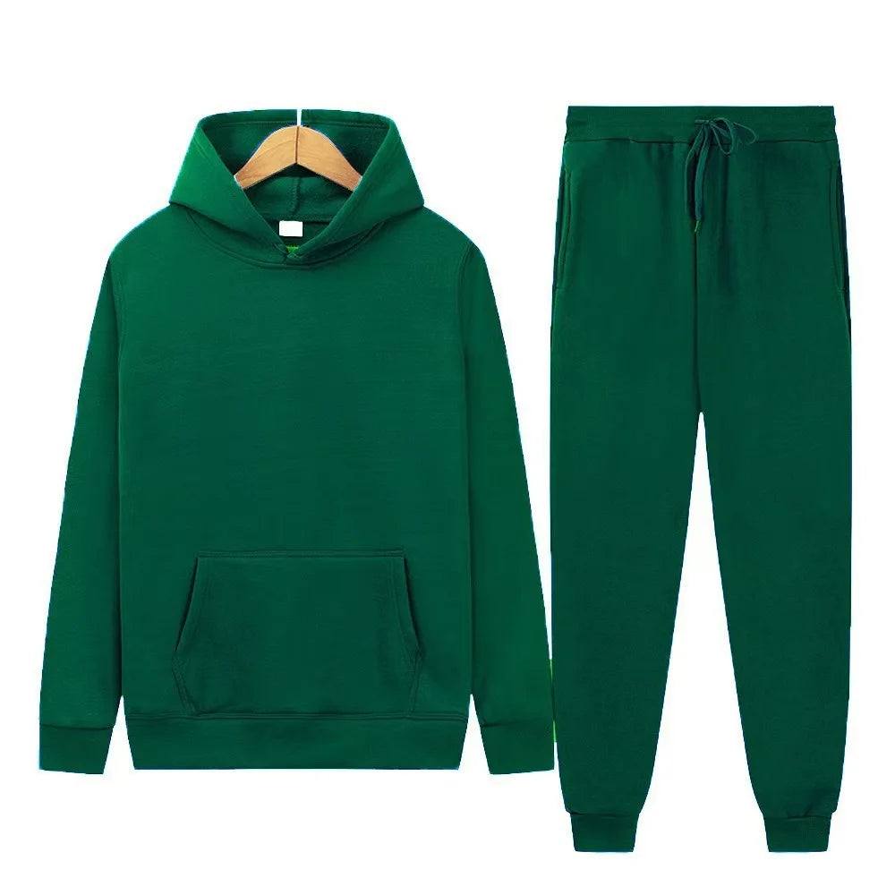 Men's Solid Color Hoodie & Pants 2-Piece Set – Casual Sports Tracksuit