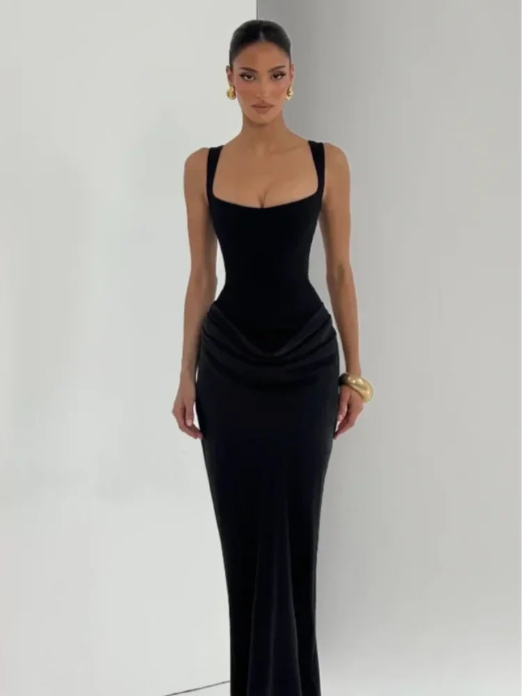 Solid Pleated Sling Dress Square Neck Sleeveless Off-shoulder Waist Cinching Slim Women Dresses Fashion Evening Party Gown 2025