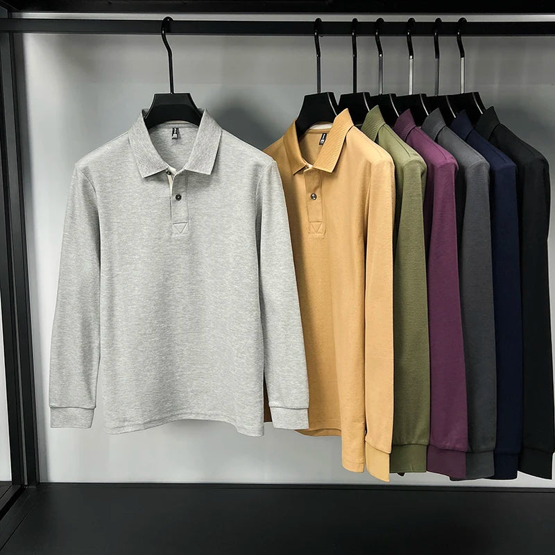 100% cotton luxury polo shirt long sleeve men's classic simple solid color business casual spring autumn comfort premium T-shirt