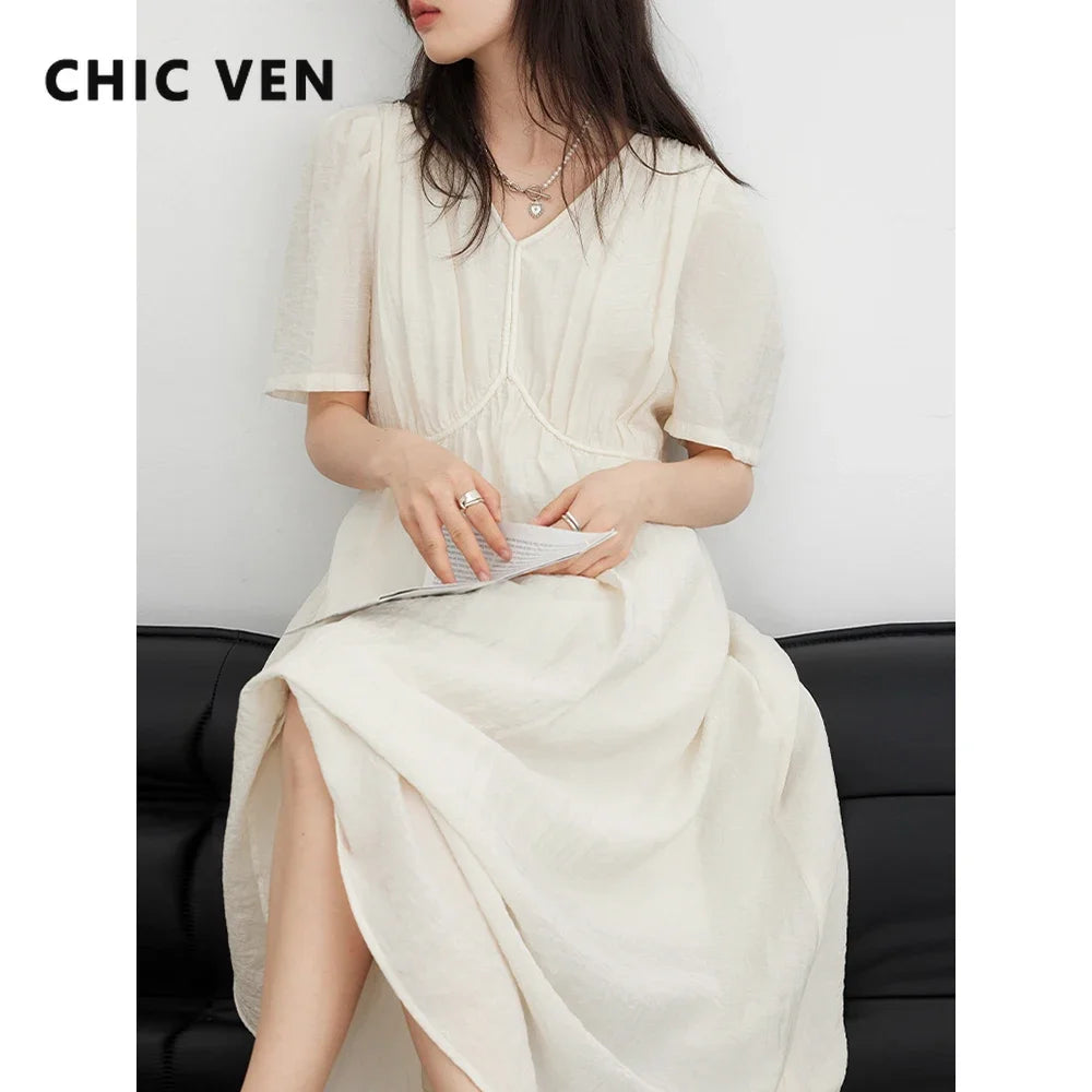 CHIC VEN Fashion Women Dresses Vintage V-neck Puff Sleeve Long Dress Solid White Loose Female Clothing Summer New 2026