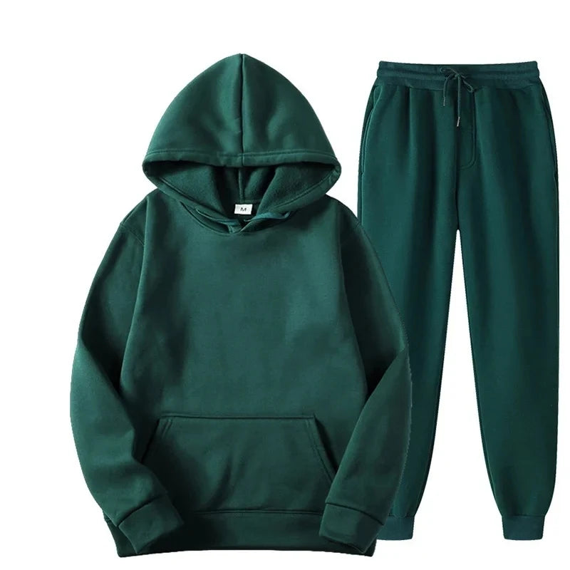 Men Women Tracksuit Hoodies Casual Solid Color Thick Pullover and Long Pant 2-piece Set Men Autumn Fleece Jogger Sports Suit Ne
