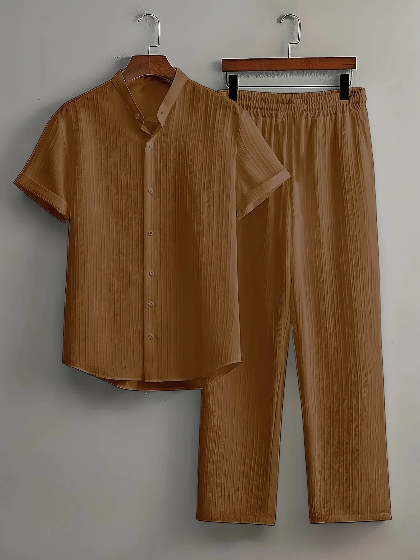 Men's Two Pieces Casual Outfit Loungewear Solid Color Textured Short Sleeve Button Down Shirt and Long Drawstring Pants